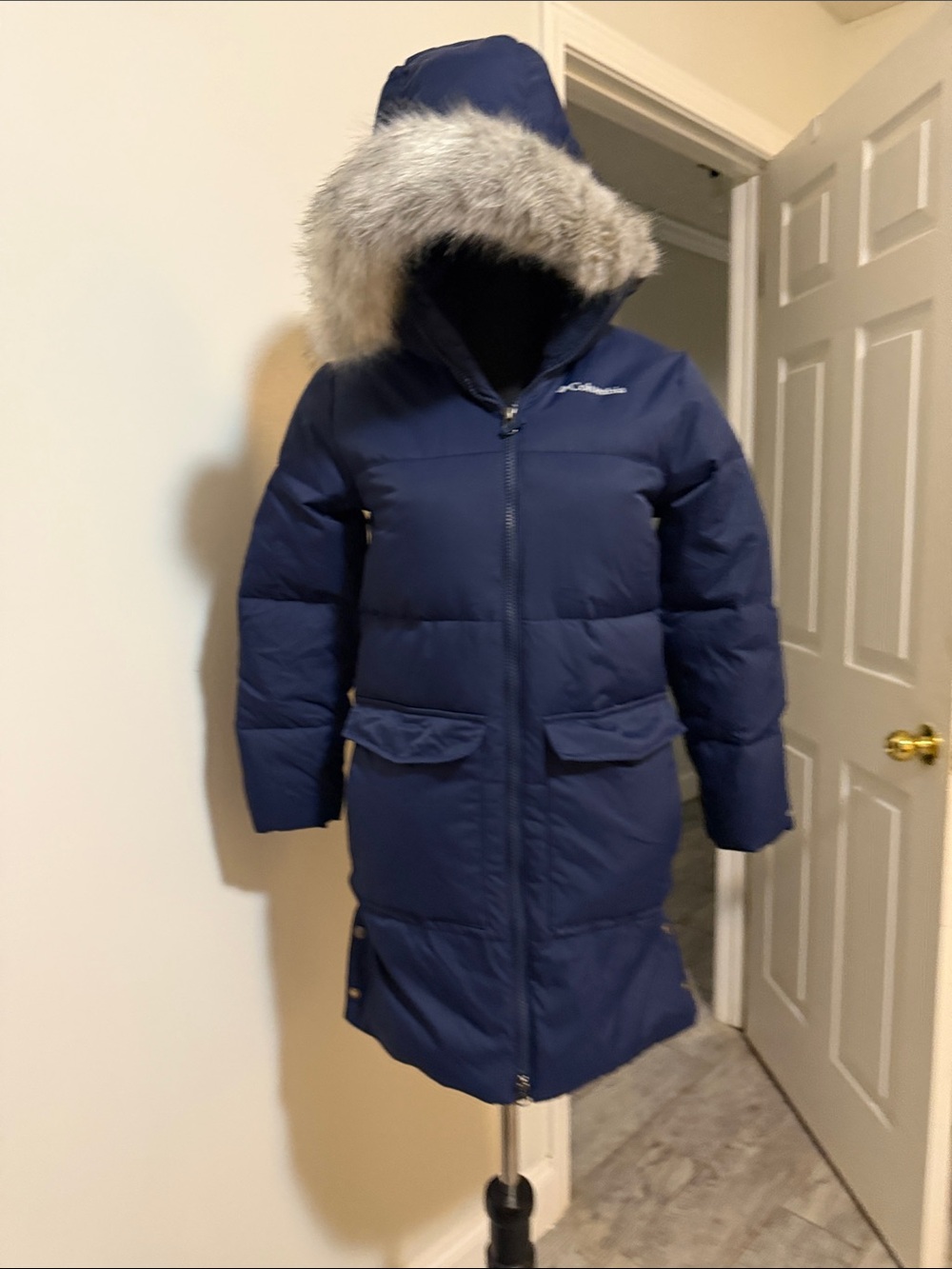 Columbia Navy Long Hooded Puffer Coat with Faux-Fur Trim